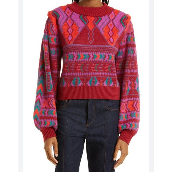 Farm Rio Crewneck Balloon Sleeve Sweater in Red Size L - Picture 1 of 4